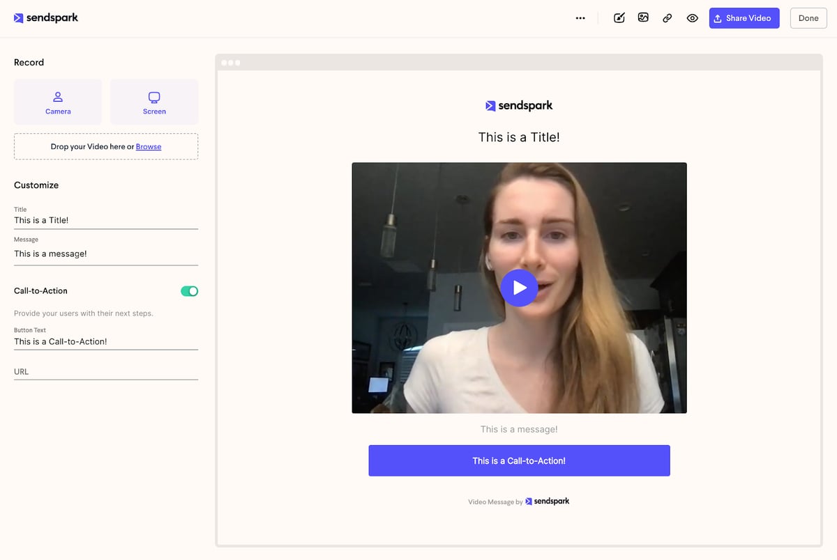 Sendspark interface showing video personalization options including call-to-action button settings and thumbnail customization features