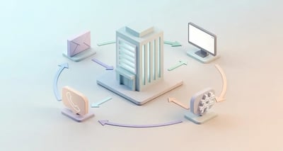 Isometric 3D illustration of account-based selling showing a central enterprise target account with interconnected stakeholder nodes and multi-channel engagement arrows