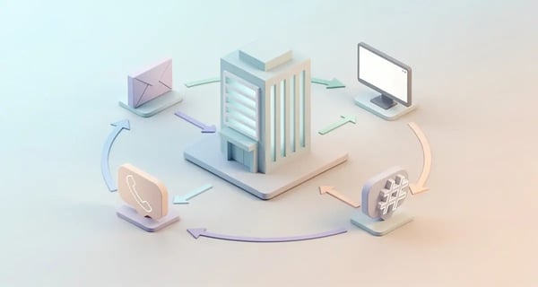 Isometric 3D illustration of account-based selling showing a central enterprise target account with interconnected stakeholder nodes and multi-channel engagement arrows