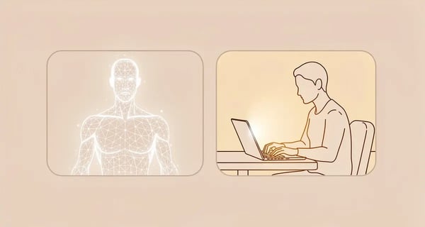 Split illustration comparing a synthetic AI avatar wireframe figure with a real person recording a video at a laptop