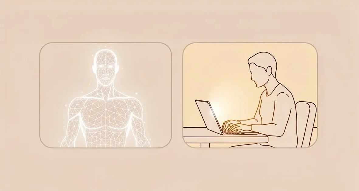 Split illustration comparing a synthetic AI avatar wireframe figure with a real person recording a video at a laptop