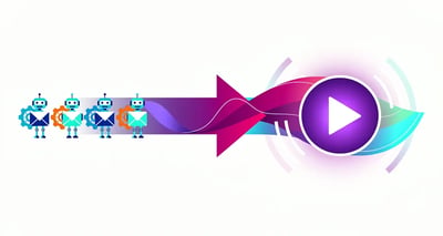 AI SDR robots automating text outreach converging into a single AI video personalization play button, representing how both tools fit into one outbound stack