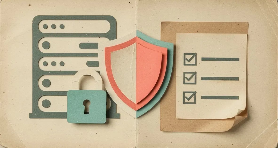 Retro collage of a shield, padlock, checklist, and server rack representing an AI video vendor security review