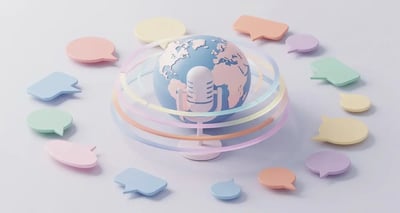 Isometric illustration of a microphone with colorful sound waves radiating across a globe, representing AI voice cloning across multiple languages