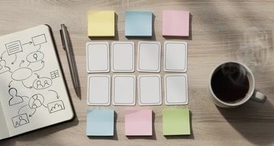 Flat lay desk scene with sorted profile cards, sticky notes, and a notebook representing B2B buyer persona research
