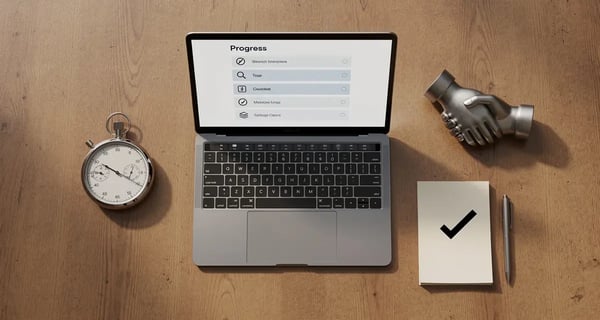 Top-down flat lay of a laptop with a checklist, stopwatch, and notepad representing a structured B2B SaaS proof of concept process