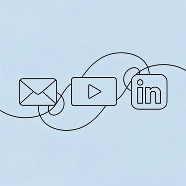 Multi-channel B2B sales outreach examples — email, LinkedIn, and AI-personalized video line art illustration