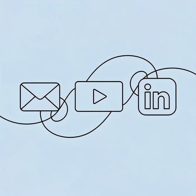 Multi-channel B2B sales outreach examples — email, LinkedIn, and AI-personalized video line art illustration