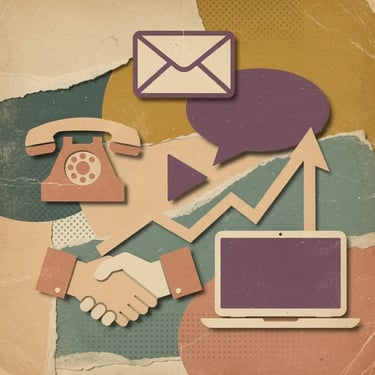 Retro collage illustration of B2B sales icons including phone, envelope, play button, speech bubble, and upward graph representing AI-personalized video sales tips