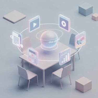 Isometric 3D illustration of a buying committee meeting with seven content types orbiting a deal decision node — representing buyer enablement for B2B sales