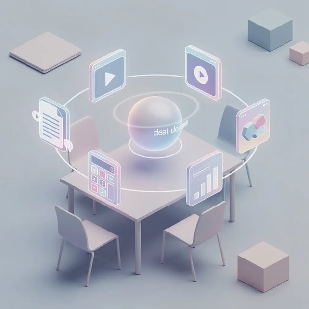 Isometric 3D illustration of a buying committee meeting with seven content types orbiting a deal decision node — representing buyer enablement for B2B sales