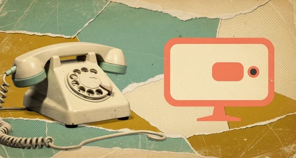 Retro collage illustration contrasting a vintage rotary phone with a modern video call frame, representing cold calling versus AI video prospecting