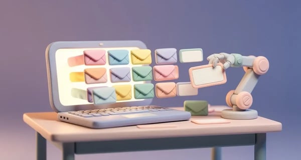 Claymation 3D scene of a laptop sending personalized email envelopes with a robot arm sorting and tagging each one