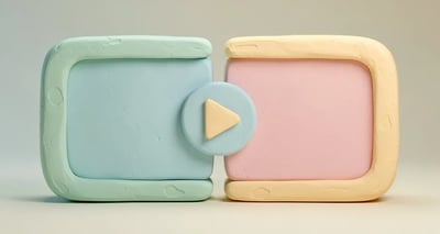 Two clay video frames merging into one with a play button, representing a combined personalized intro and reusable video