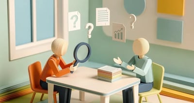 Paper craft diorama of a B2B sales discovery meeting with question marks and documents between two figures at a desk