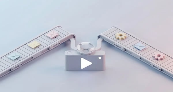 Isometric illustration of two automated paths, one with envelope icons and one with gear icons, merging into a single personalized video camera icon