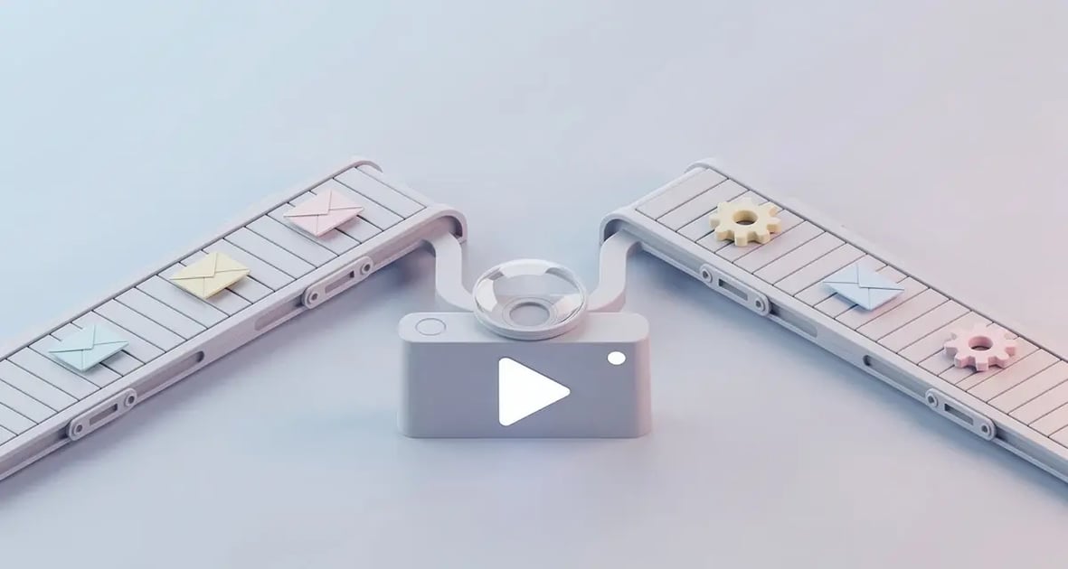 Isometric illustration of two automated paths, one with envelope icons and one with gear icons, merging into a single personalized video camera icon