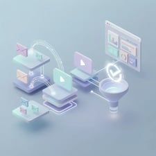 Isometric 3D illustration of a B2B lead nurturing campaign funnel with email, video, and CRM touchpoints flowing toward conversion