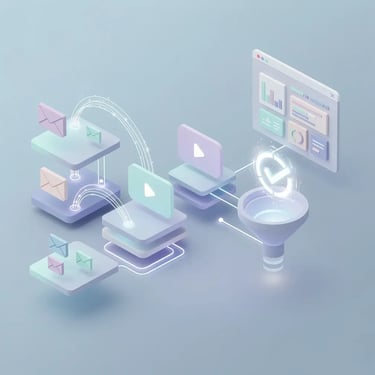 Isometric 3D illustration of a B2B lead nurturing campaign funnel with email, video, and CRM touchpoints flowing toward conversion