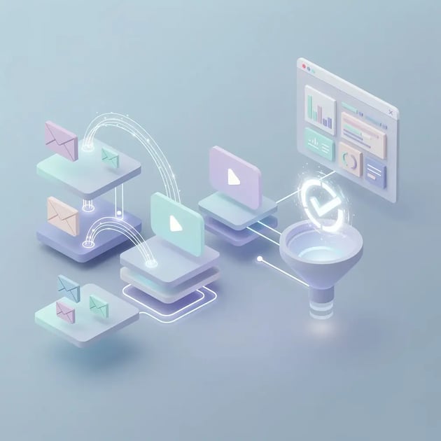 Isometric 3D illustration of a B2B lead nurturing campaign funnel with email, video, and CRM touchpoints flowing toward conversion