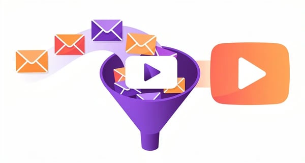 Flat illustration of email envelopes flowing through a funnel transforming into a video play button, representing AI-personalized video lead nurturing emails