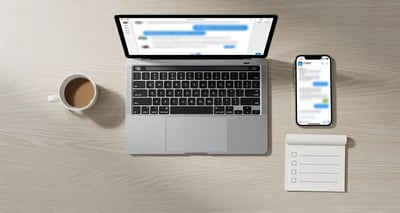Flat lay of a modern desk with a laptop showing LinkedIn messaging interface, smartphone, and notepad for B2B follow-up outreach