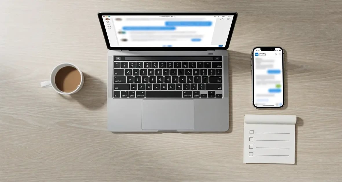 Flat lay of a modern desk with a laptop showing LinkedIn messaging interface, smartphone, and notepad for B2B follow-up outreach