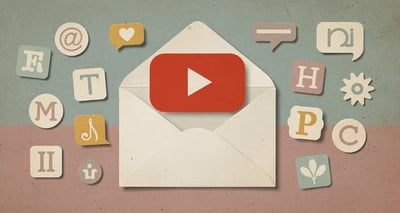 Retro collage illustration of an email envelope opening to reveal a video play button surrounded by personalization tag cutouts