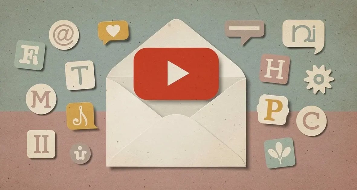 Retro collage illustration of an email envelope opening to reveal a video play button surrounded by personalization tag cutouts