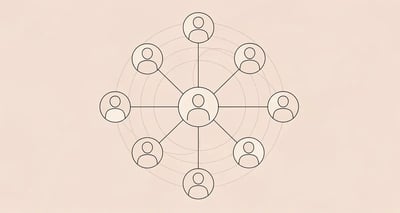 Minimal line art of a network of connected nodes radiating from one central figure, representing multi-threading across a B2B buying committee