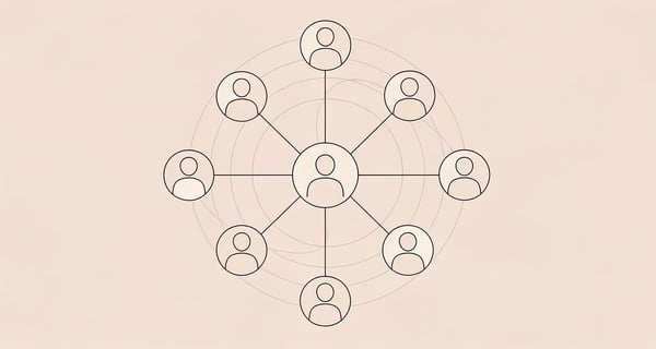 Minimal line art of a network of connected nodes radiating from one central figure, representing multi-threading across a B2B buying committee