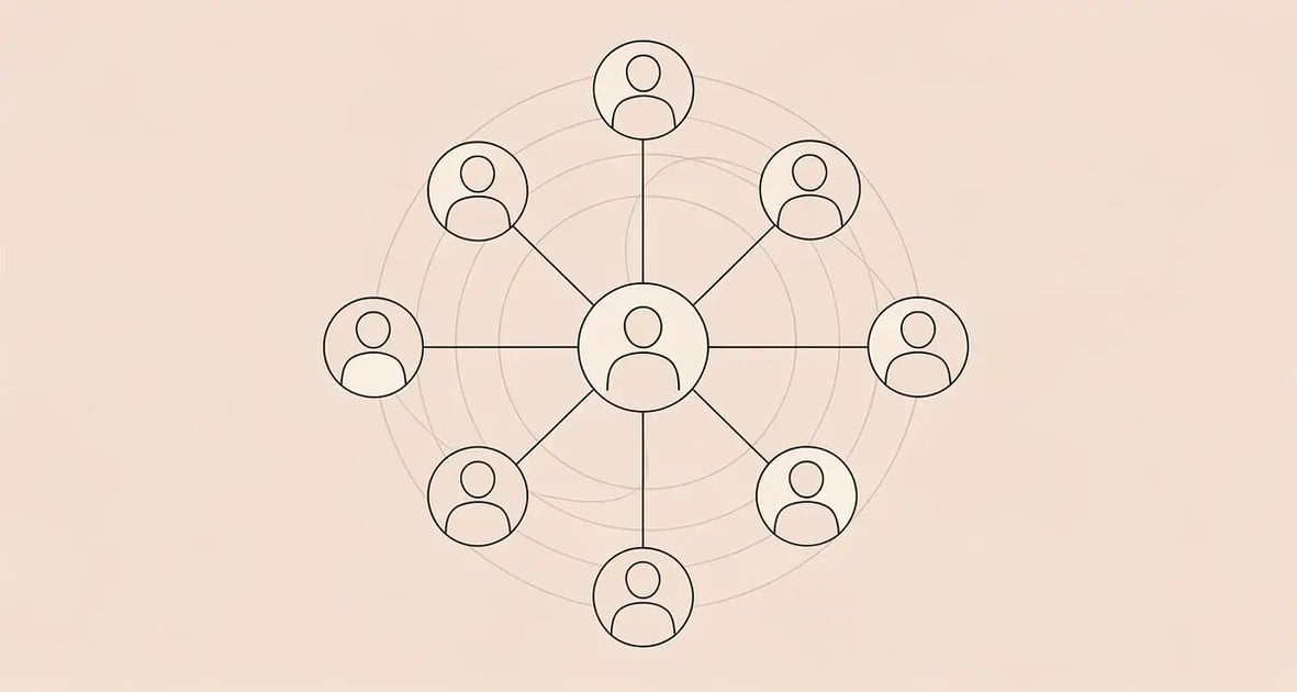 Minimal line art of a network of connected nodes radiating from one central figure, representing multi-threading across a B2B buying committee