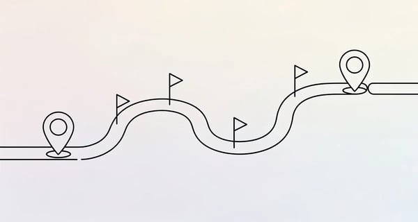 Line art illustration of a winding roadmap connecting two checkpoints with milestone markers, representing a mutual action plan between buyer and seller
