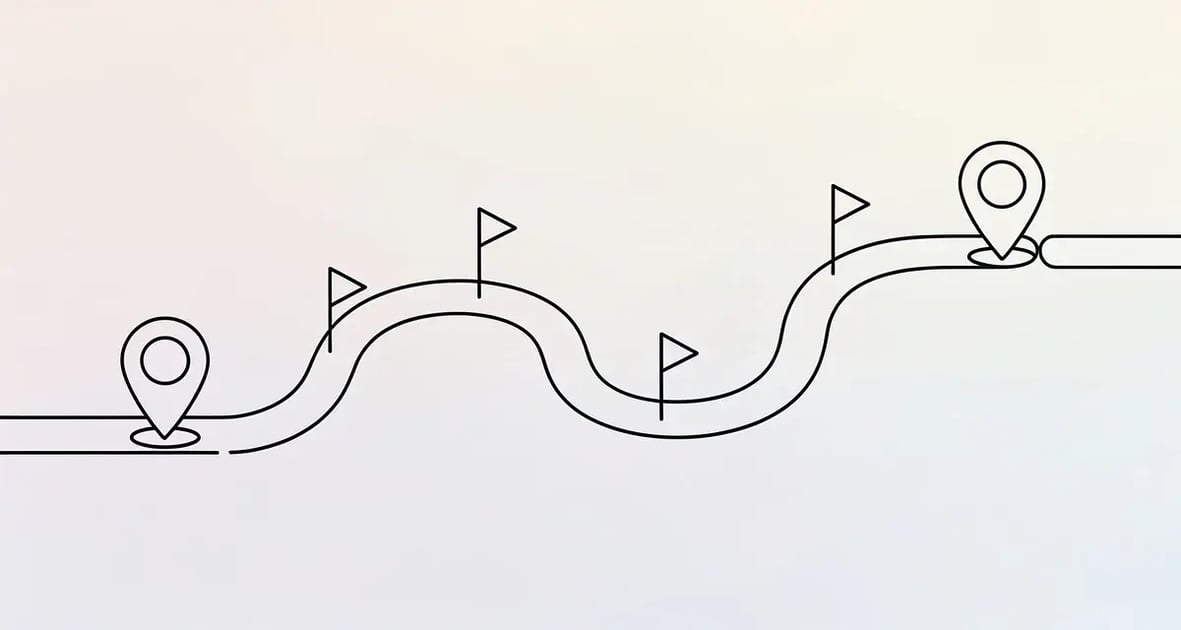 Line art illustration of a winding roadmap connecting two checkpoints with milestone markers, representing a mutual action plan between buyer and seller