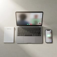 Flat lay of laptop, smartphone and notepad on a desk representing post-demo follow-up workflow for B2B sales
