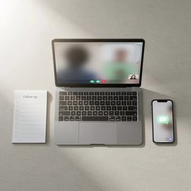 Flat lay of laptop, smartphone and notepad on a desk representing post-demo follow-up workflow for B2B sales