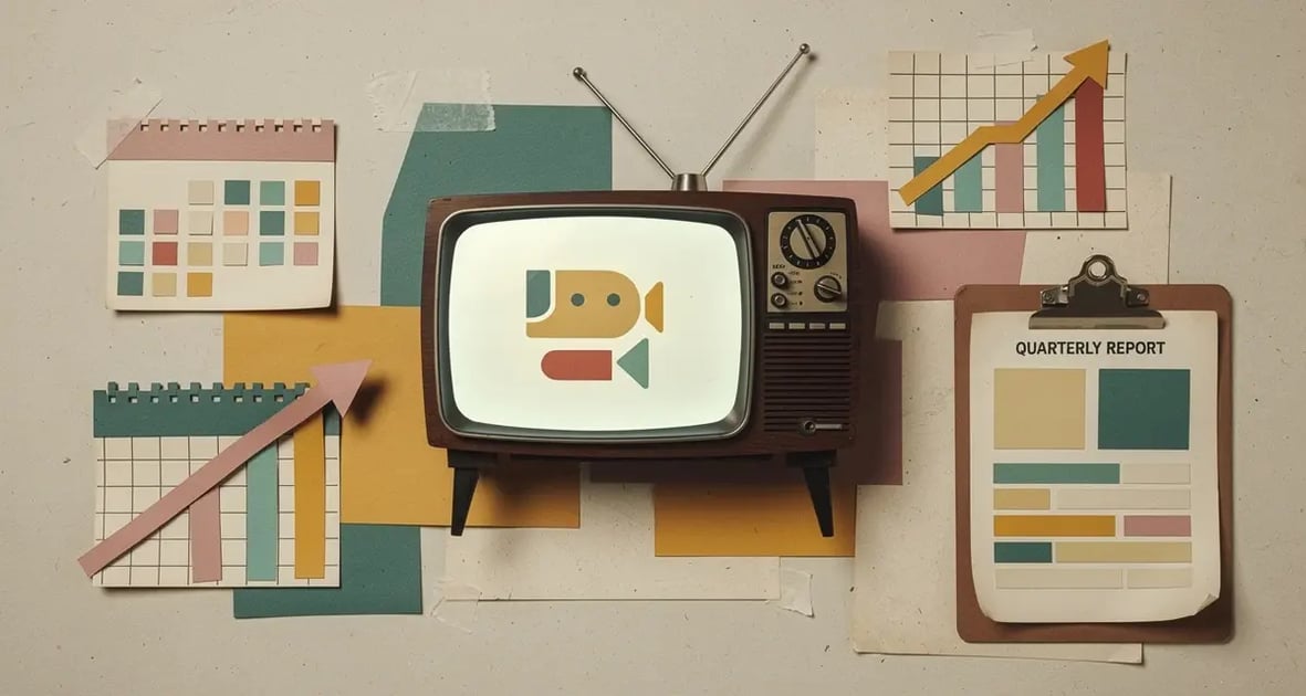 Retro collage illustration of a quarterly business review: a vintage TV showing a video call icon surrounded by calendar pages and a growth chart