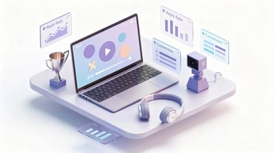 Best sales training videos for B2B teams showing a modern learning setup with laptop, metrics cards, and video tools