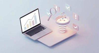 Isometric illustration of a laptop with an upward revenue chart next to a glowing data funnel and alert icons, representing a revenue intelligence platform