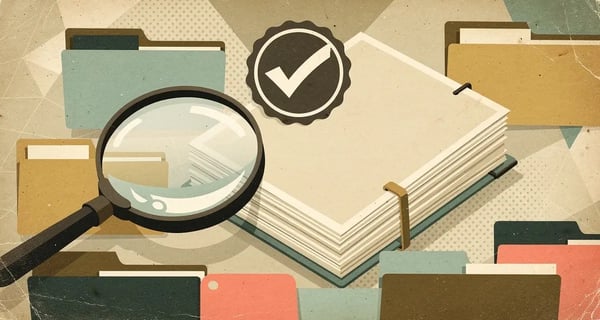 Retro collage illustration of bound proposal documents, a magnifying glass, and a checkmark seal representing the B2B SaaS RFP response and vendor evaluation process