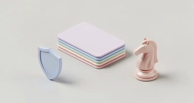 Isometric illustration of reference cards, a shield, and a chess piece representing sales battlecards and competitive strategy
