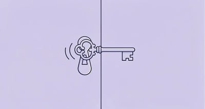 Minimal line art of a single ornate key turning in a keyhole, representing sealing a B2B sales deal