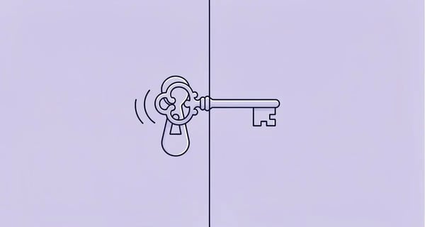 Minimal line art of a single ornate key turning in a keyhole, representing sealing a B2B sales deal