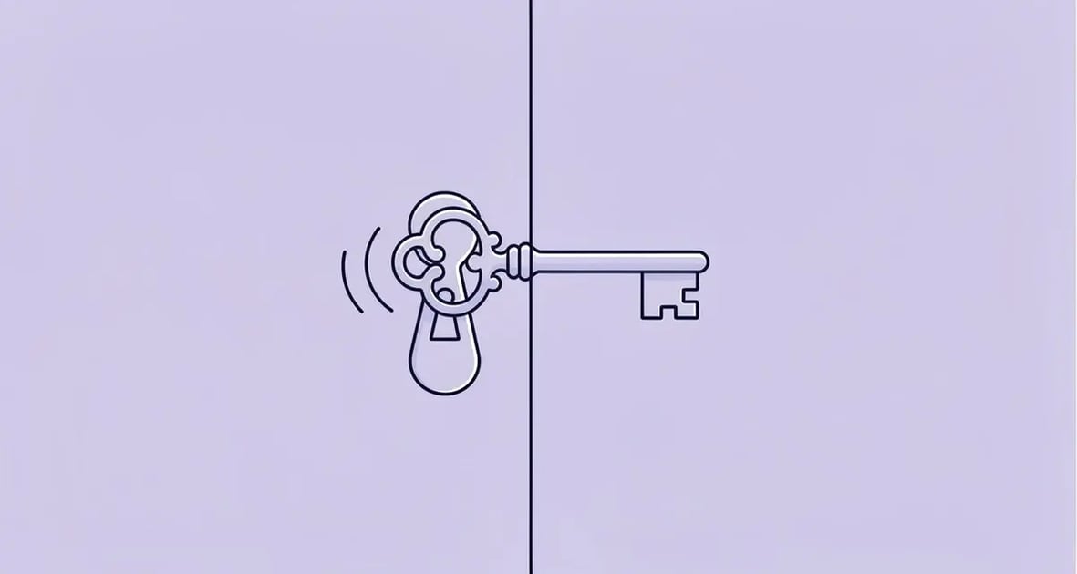 Minimal line art of a single ornate key turning in a keyhole, representing sealing a B2B sales deal