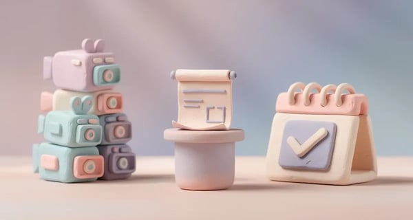 Claymation-style diorama of a sales kickoff scene with a podium, stacked video-camera icons, and a checklist calendar