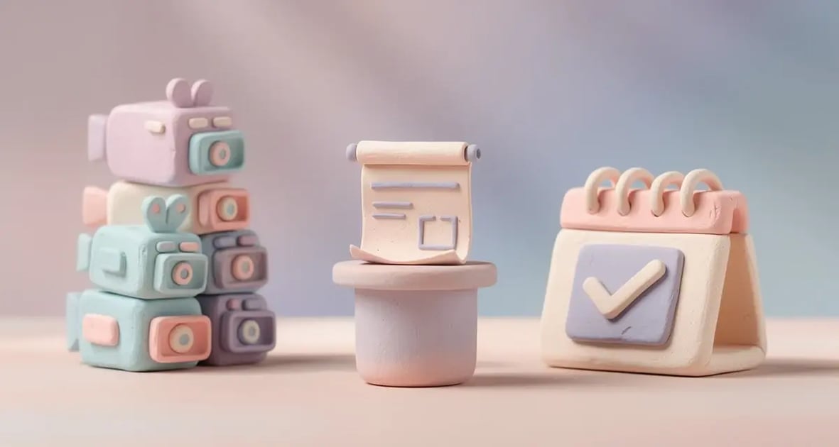 Claymation-style diorama of a sales kickoff scene with a podium, stacked video-camera icons, and a checklist calendar