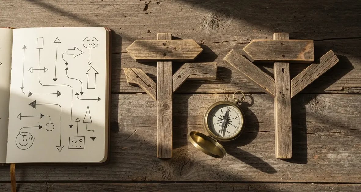 Three wooden pathway signs pointing different directions on a desk with a compass and strategy notebook