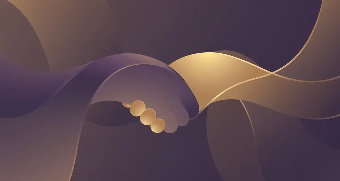 Two abstract interlocking gradient curves in balanced tension, symbolizing a B2B sales negotiation reaching agreement