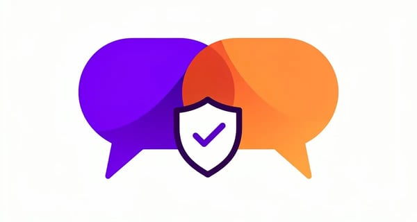 Two overlapping speech bubbles with a shield and checkmark icon, representing resolving a sales objection
