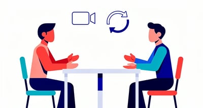 Two abstract figures practicing a sales roleplay conversation with a video camera icon representing recorded practice